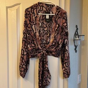 Fashion Nova pink and black snakeskin tie-front blouse- NWT